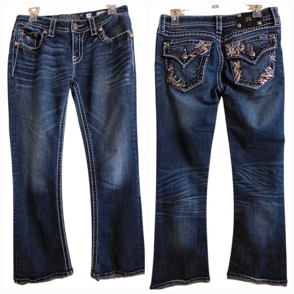 Miss Me Signature Rise Boot Cut Jeans size 29 Embellished Flap Pockets, studded - Picture 2 of 12